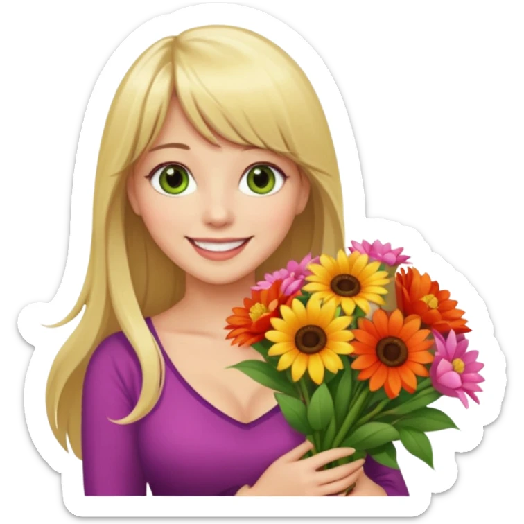 Long blonde haired with bangs, and big boobs smiling woman with hazel geen eyes holding a big bouquet of beautiful bright flowers  sticker