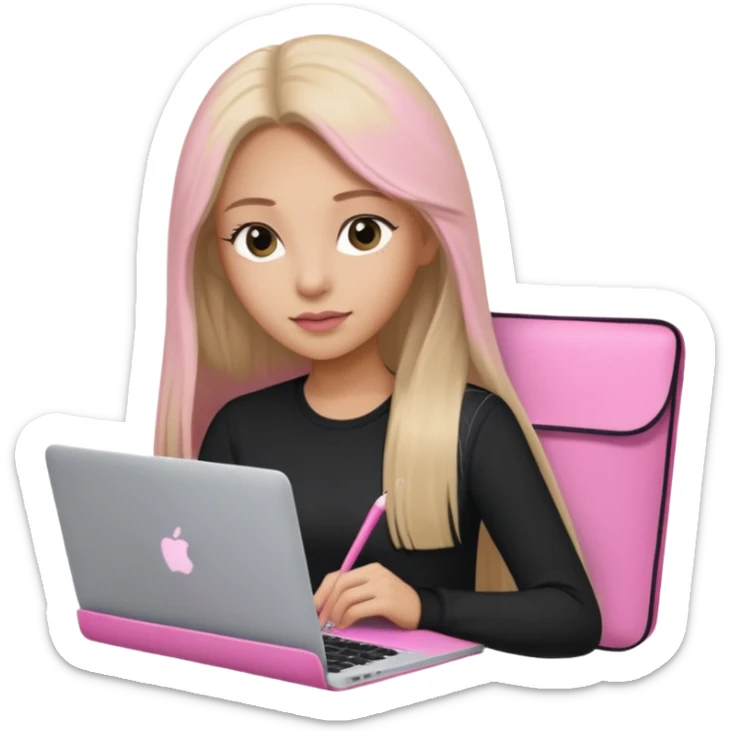 Mujer lacia peli larga y peli larga  en una MacBook rosa investigando y haciendo tareas con un libro de apuntes y con cara muy linda como modelo sticker