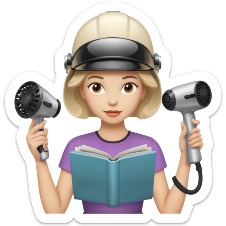 Emoji de mujer con casco secador, pelo recogido, cogiendo revista con las dos manos, estilo vintage chic sticker