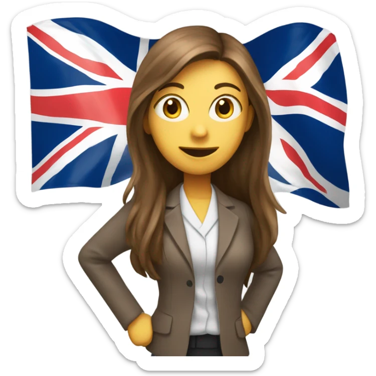 English teacher female with long brown hair and Britain flag sticker