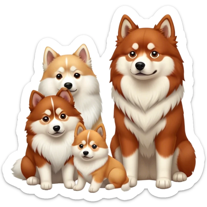three dogs sitting side by side: a red siberian husky, a finnish lapphund, and a samoyed sticker