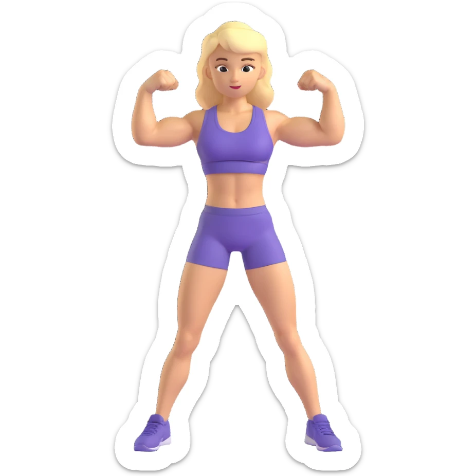 fröhliches, blondes Mädchen mit Sportkleidung, zeigt ihre Muskeln, Fitnessstudio-Hintergrund sticker