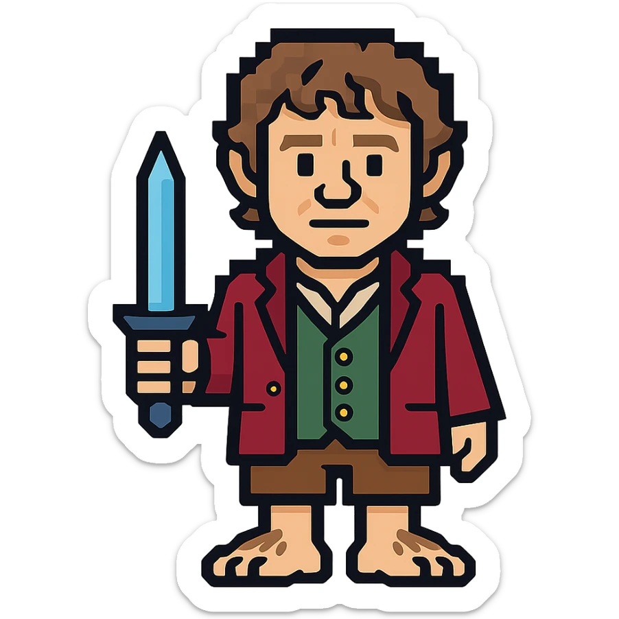 Whole body image of bilbo baggins from the hobbit movie in pixel art style. Bilbo is younger. Make Bilbo look like the actor that portrayed him in the movie, Martin Freeman. Bilbo is wearing the same red jacket, green vest, white undershirt, brown leather short pants, and hairy hobbit feet. He is holding a short sword that is glowing with a blue hue.  sticker