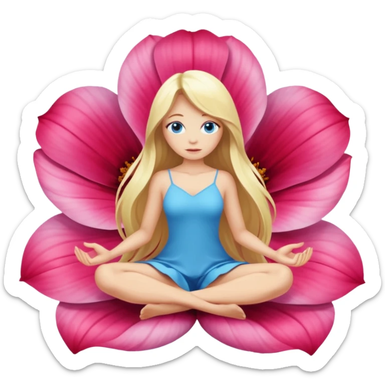 full body woman long blonde hair blue eyes white skin sitting inside giant flower bloom sticker