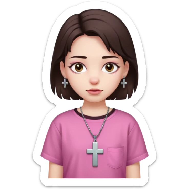 A girl with pale skin, a dark brown wolfcut,baggy pink shirt and cross earrings  sticker