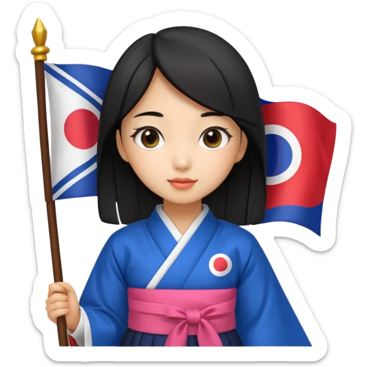 black hair girl with hanbok holding south korea flag sticker
