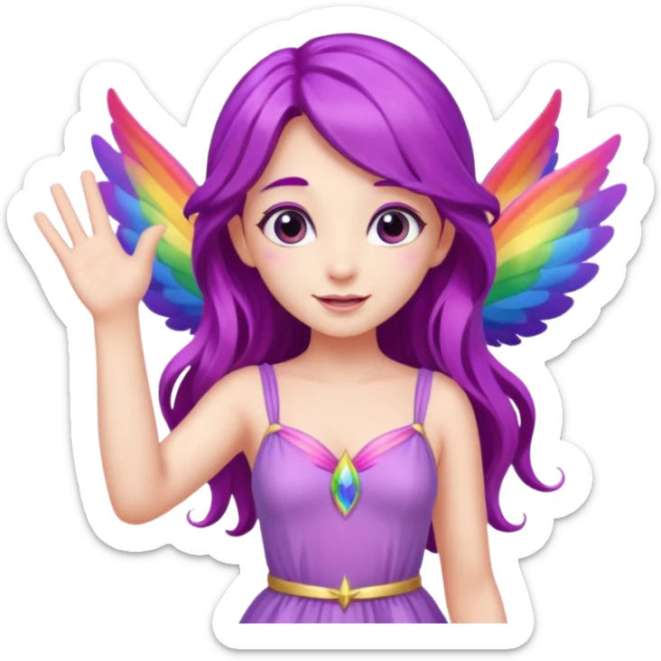 Female fairy
Long purple hair
Pink dress
Rainbow wings
Waving one hand
Saying hello

 sticker