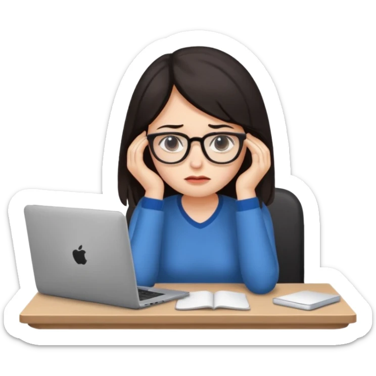  iOS emoji style - An sad and overwhelmed woman sitting at a desk with a laptop - She has dark hair. sticker