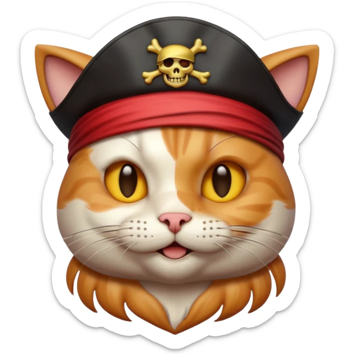 Premium 3D emoji icon of cat, pirate theme, high detail, glossy finish, claymorphism style, soft studio lighting, isolated on white background, 8k resolution, stylized professional look --v 6.0 sticker