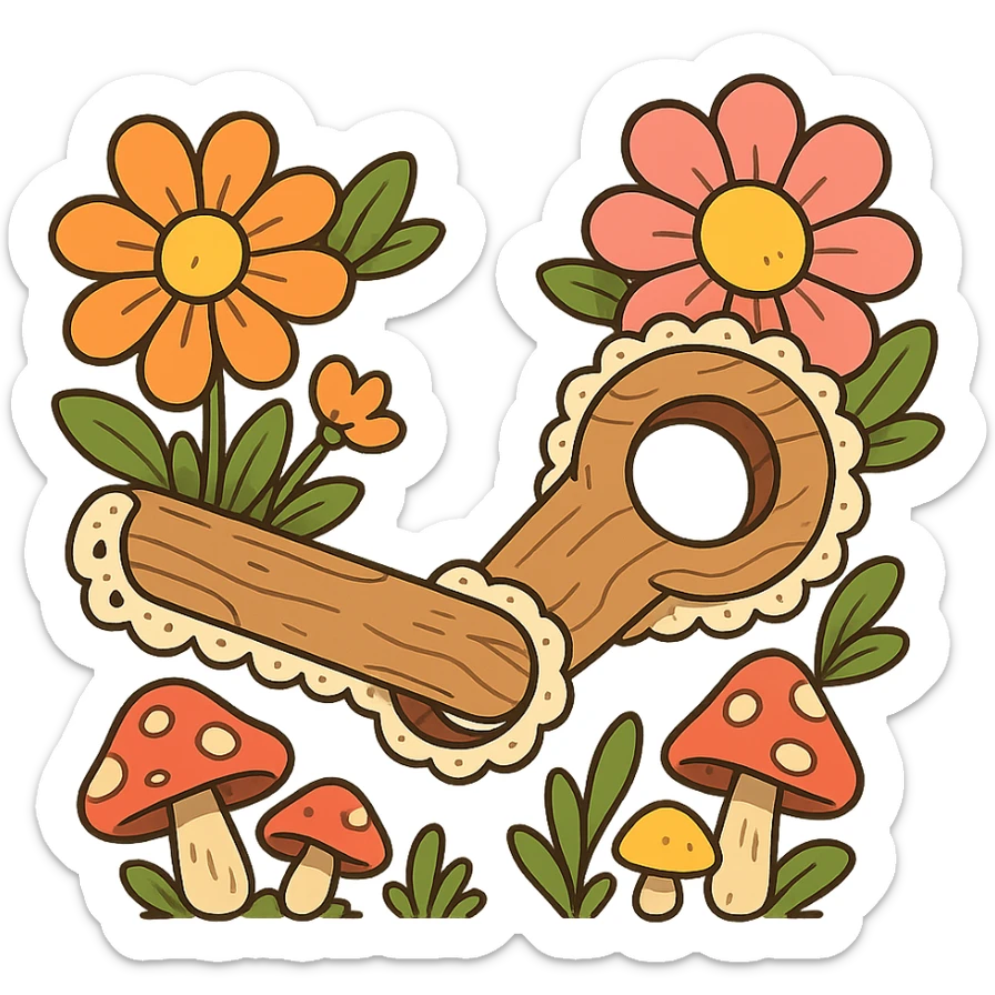 playful cottagecore Steam logo formed from puffy cartoon wood and lace, big colorful flowers and mushrooms, cheerful bright, no text sticker