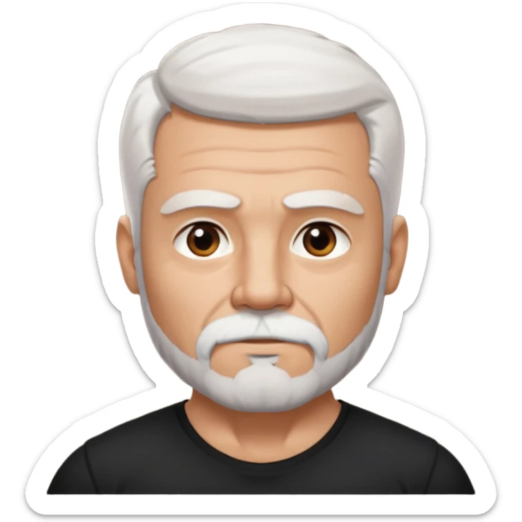 White haired muscled adult man with a black t-shirt. He has white beard with a short goatee. Dark brown eyes and some wrinkles. sticker