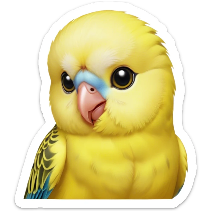Cinematic Cute Yellow Budgie Portrait Emoji, Head tilted playfully and inquisitively, featuring a radiant yellow feathered fur with a natural sheen, round, sparkling dark eyes filled with curiosity, Simplified yet irresistibly adorable features, highly detailed, glowing with a warm, friendly glow, high shine, affectionate and lively, stylized with a touch of whimsy, bright and endearing, soft glowing outline, capturing the essence of a mischievous yet loving budgie, so playful it feels like it could chirp out of the screen and into your arms! sticker