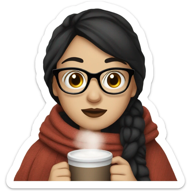 White girl with black hair with glasses wrapped in her blankets drinking hot cocoa sticker