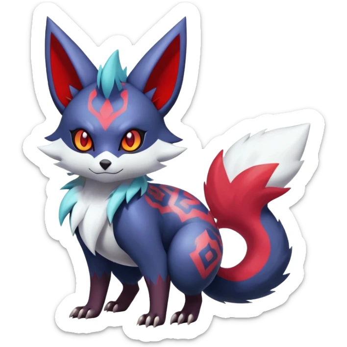 Shiny Exotic Badass Colorful Ethereal Royal Mysterious Gothic Zangoose-Zorua-Litten-Noibat-Pokémon-Fakémon-hybrid-creature (full body) with colorful pattern-markings sticker
