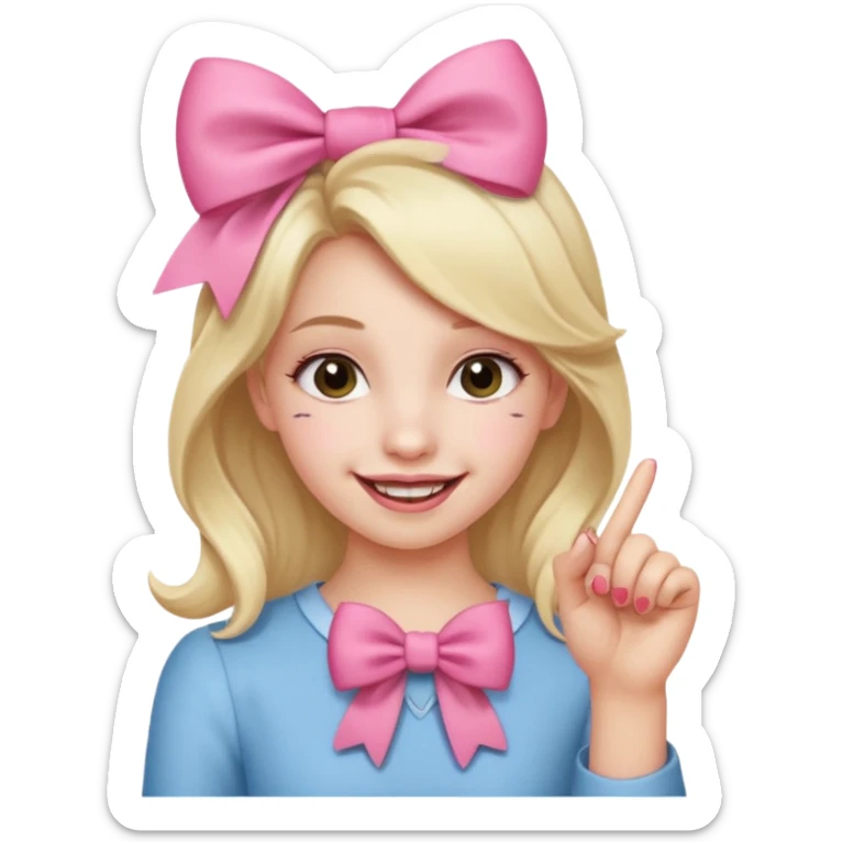 Chica sonriendo con un lazo rosa en la cabeza y mordiendose la punta del dedo indice con delicadeza y la otra mano que no salga sticker