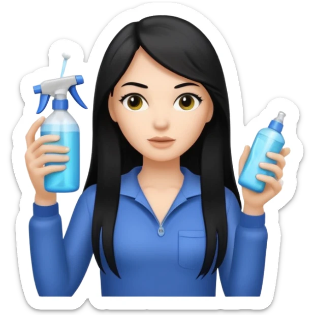 A white woman with long, straight black hair, holding a spray bottle in one hand and misting it toward her hair. sticker