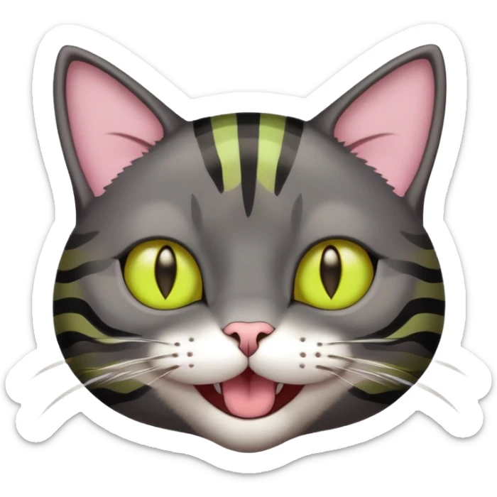 Head of a dark gray-brown striped cat with yellow-green intelligent eyes, eyes outlined in black, nose light pink, cat laughing  sticker