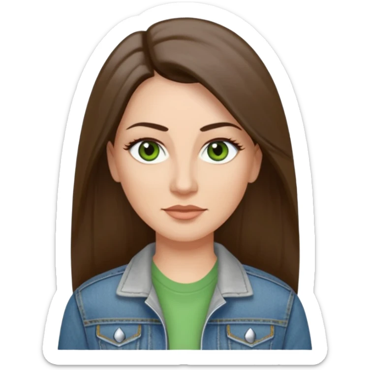 43 year old Adult woman avatar, light skin tone, long, oval face, long straight ashy brown hair, green almond-shaped eyes with dramatic eyelashes and minimal eyeliner, neutral mouth, medium straight eyebrows, small nose, smooth skin,  white t shirt, denim jacket sticker