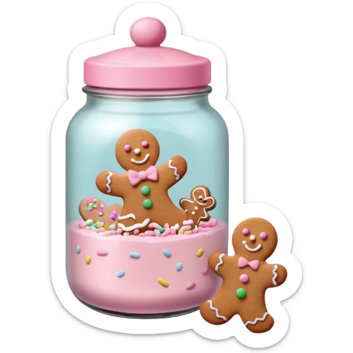 pastel pink christmas cookies in different shapes and one gingerbread man in pastel pink jar with pink lid  sticker