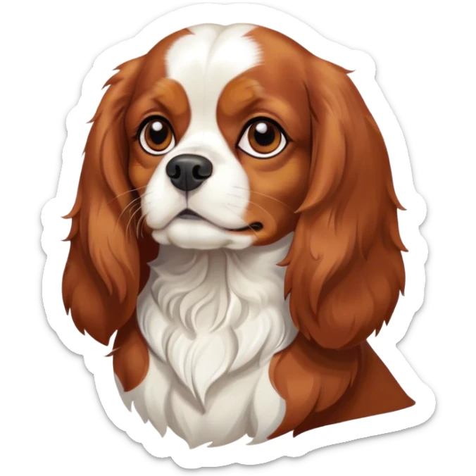 Cinematic Noble Blenheim Cavalier King Charles Spaniel Portrait Emoji, Poised and regal, with a graceful, medium build and a well-groomed Blenheim coat featuring rich chestnut and white markings, soulful brown eyes, Simplified yet sharp and sophisticated features, highly detailed, glowing with a soft, dignified glow, high shine, intelligent and affectionate, stylized with an air of elegance, focused and attentive, soft glowing outline, capturing the essence of a watchful and refined companion, so majestic it feels as though it could step out of the screen with effortless authority! sticker