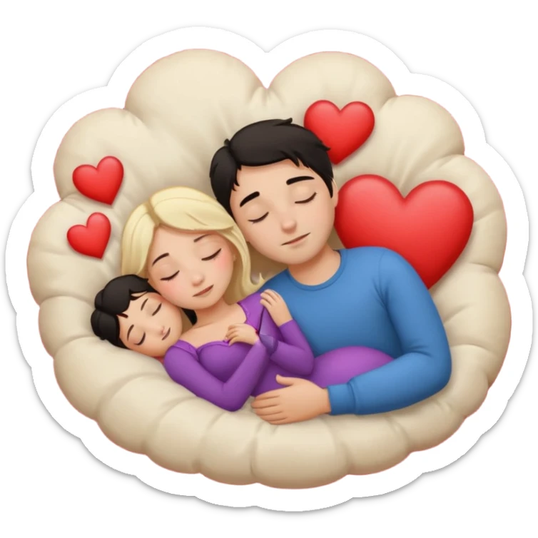Sleeping romance couple. man has dark hair. woman is blonde. hearts around them. sticker