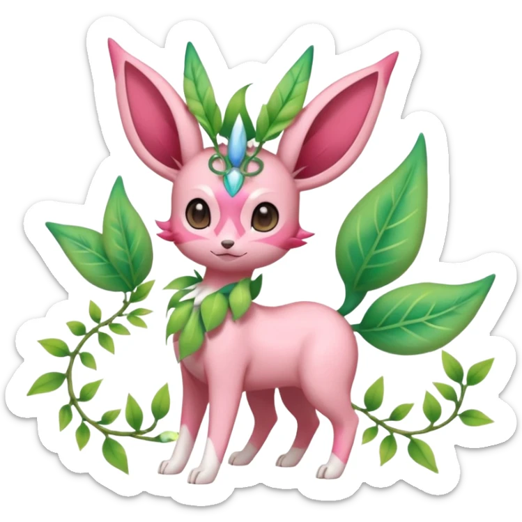 Rosy floral romantic cute Sylveon-Eevee-Celebi-Leafeon-Pokémon-Digimon-Fakémon-hybrid-fusion-creature with vines entangled around the legs and tail and neck sticker