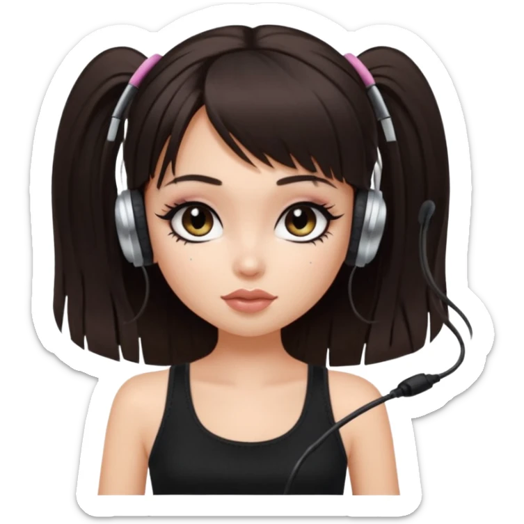 generate a pretty bratz girl in black cami top, dark brown straight long hair with bangs, eyeliner on, listeninh to music sticker