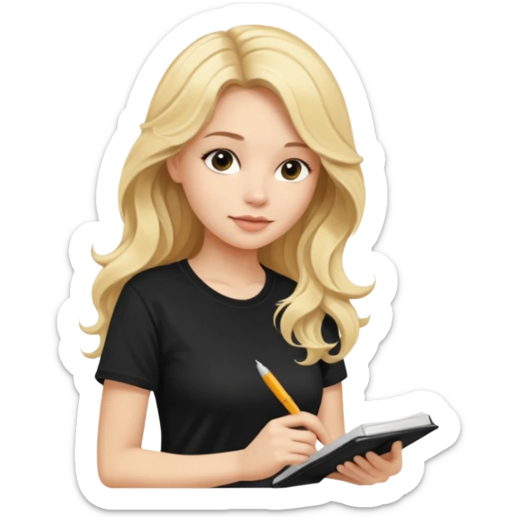 A beautiful blonde with long wavy hair in a black T-shirt sits and writes in a diary with a pen. sticker