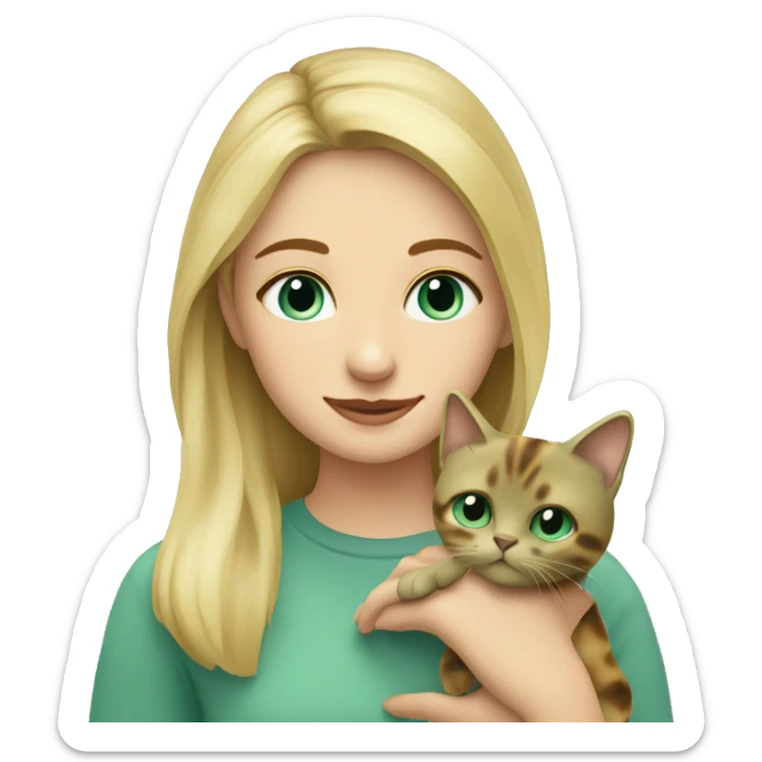 blonde girl with blue eyes wearing sage green holding tortoiseshell cat sticker