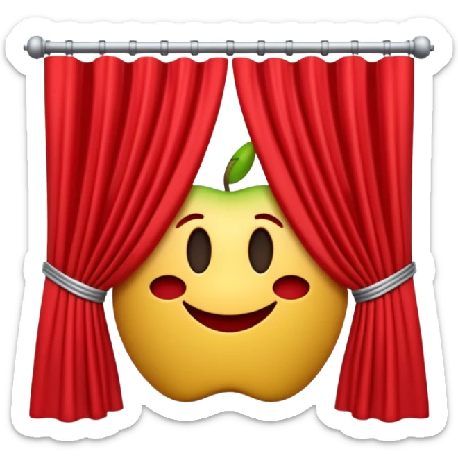A 3D emoji of red theater curtains in Apple style, slightly parted in the middle with soft folds. Glossy, smooth texture, minimal Apple-style rendering, isolated on a white background.




 sticker