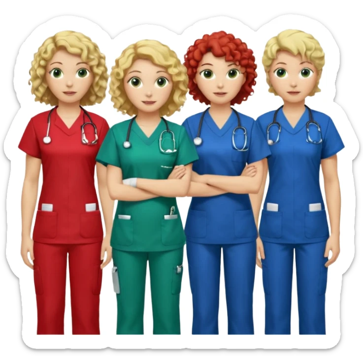 3 nurses: nurse 1 is wearing green work clothes, curly hair, middle european. nurse 2 is wearing blue work clothes, blond hair, scandinavic, nurse 3 is wearing white work clothes, red hair. they all stand in a classroom, "Academy" written in white on board sticker