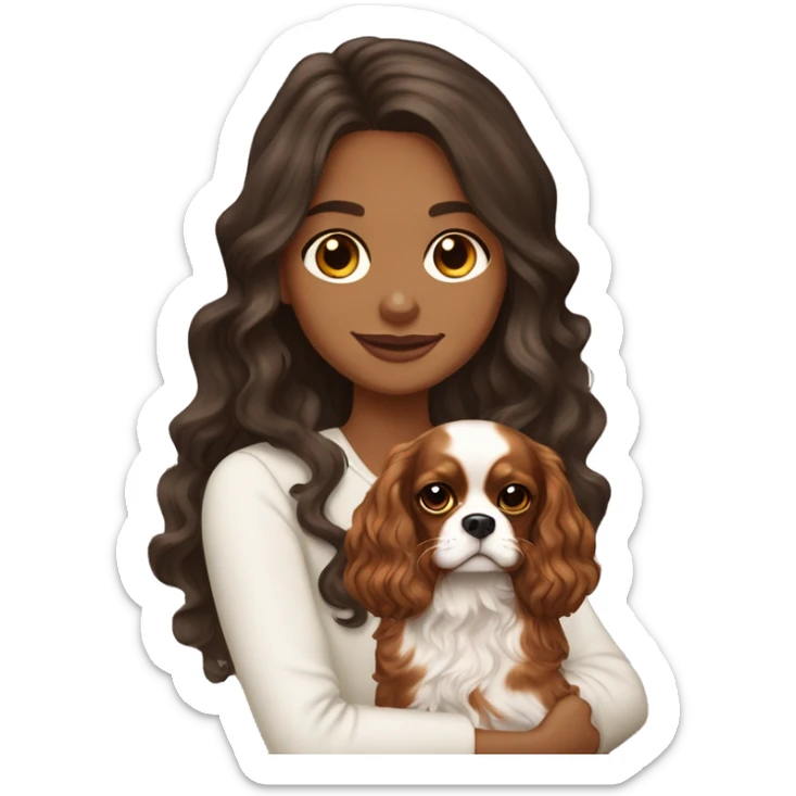 Pretty brunette long wavy hair girl, holding a cute cavalier King Charles spaniel dog with short ears wavy fur sticker