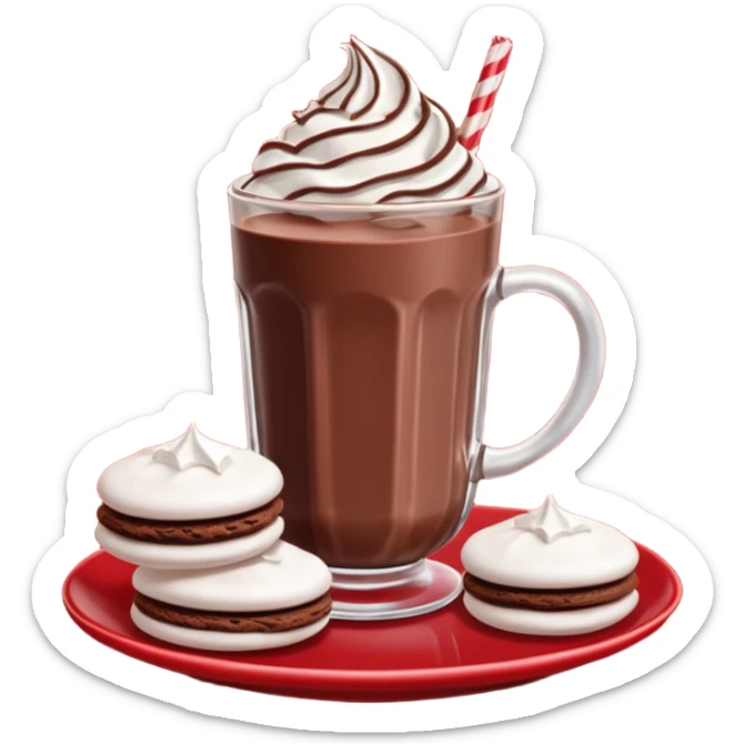 A glass of chocolate milk sits on a red saucer surrounded by chocolate cookies and sugar meringues. sticker