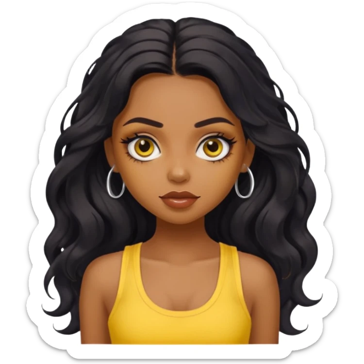 a pretty bratz dusky girl with long wavy black hair, kajal under eyes, yellow tank top sticker