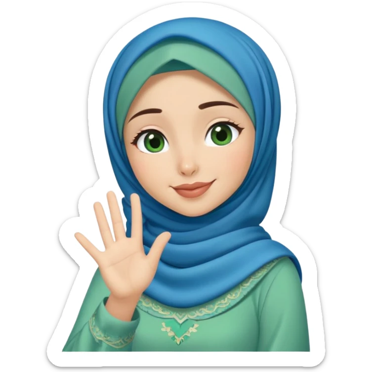 Turkish beautiful finish Konya girl blue hijab and green heart dress and wink her hand goodbye  sticker