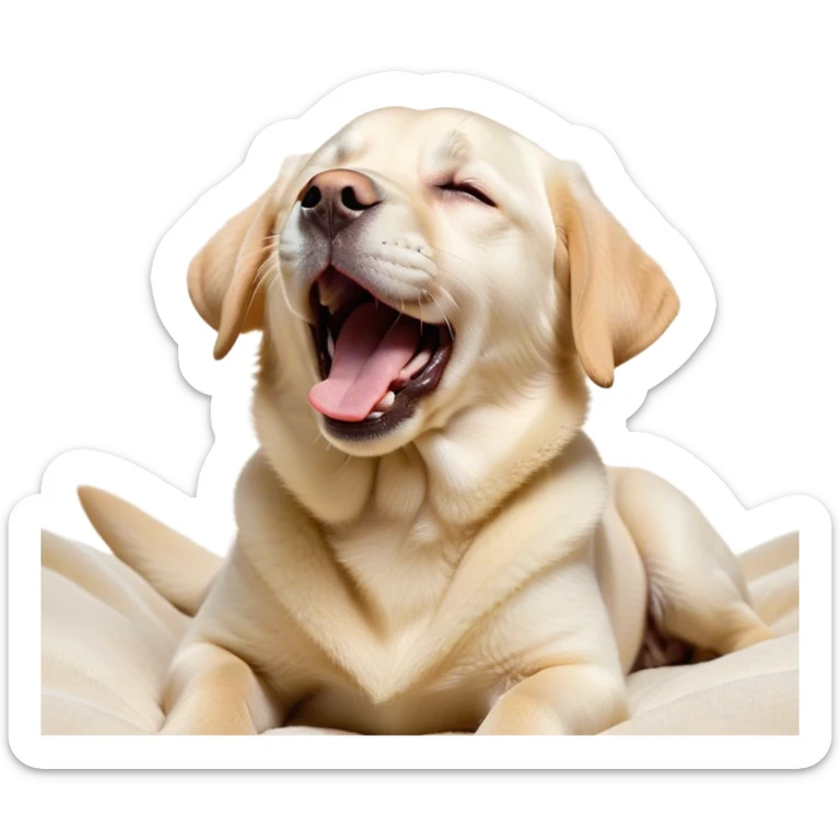 Cinematic Cute Yawning Cream Labrador Portrait Emoji, Head tilted slightly with a dramatic, wide-open yawn, showcasing a smooth cream Fur with a subtle shimmer, floppy ears slightly drooping, round warm eyes barely open in drowsy contentment, Simplified yet irresistibly adorable features, highly detailed, glowing with a soft, cozy glow, high shine, relaxed yet expressive, stylized with a touch of whimsy, bright and endearing, soft glowing outline, capturing the essence of a sleepy yet affectionate companion, so drowsy it feels like it could stretch out of the screen and curl up for a nap! sticker
