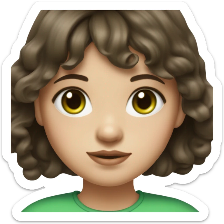 realistic portrait of girl with curtain bangs and wavy dark brown hair with green eyes and fair skin and a round face with soft features sticker