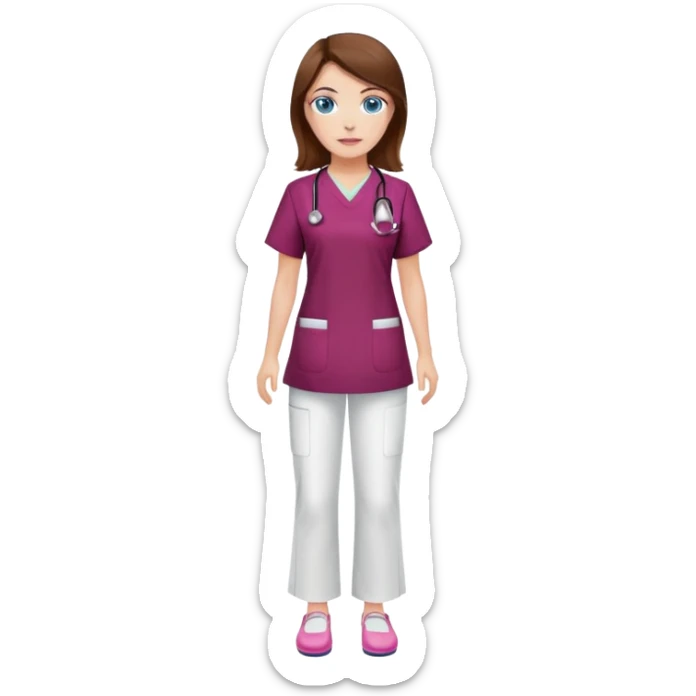 Nurse with brown hair and blue eyes, burgundy tunic, white pants, pink shoes sticker