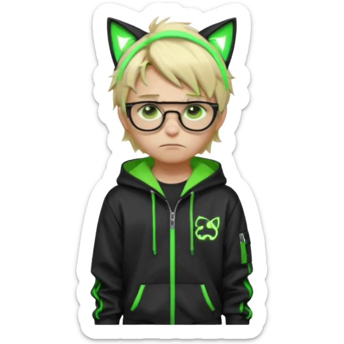 Light blond, slightly messy hair
Black glasses
A black hoodie with cat ears
Neon green details on the jacket and pants (glowing lines and stripes)
An overall hacker / cyberpunk style look
A neutral facial expression (boy )eyes brown) the hood with ears BROWN EYE BROWN EYE but sad sticker
