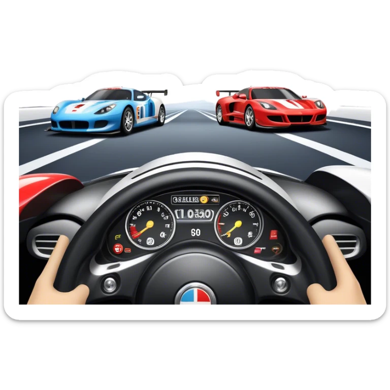 An icon showing a racing game interface, inspired by Grand Turismo. The design features a garage with a selection of high-performance cars, along with race track visuals in the background. Speedometer, lap timer, and other HUD elements add to the excitement. Transparent background sticker