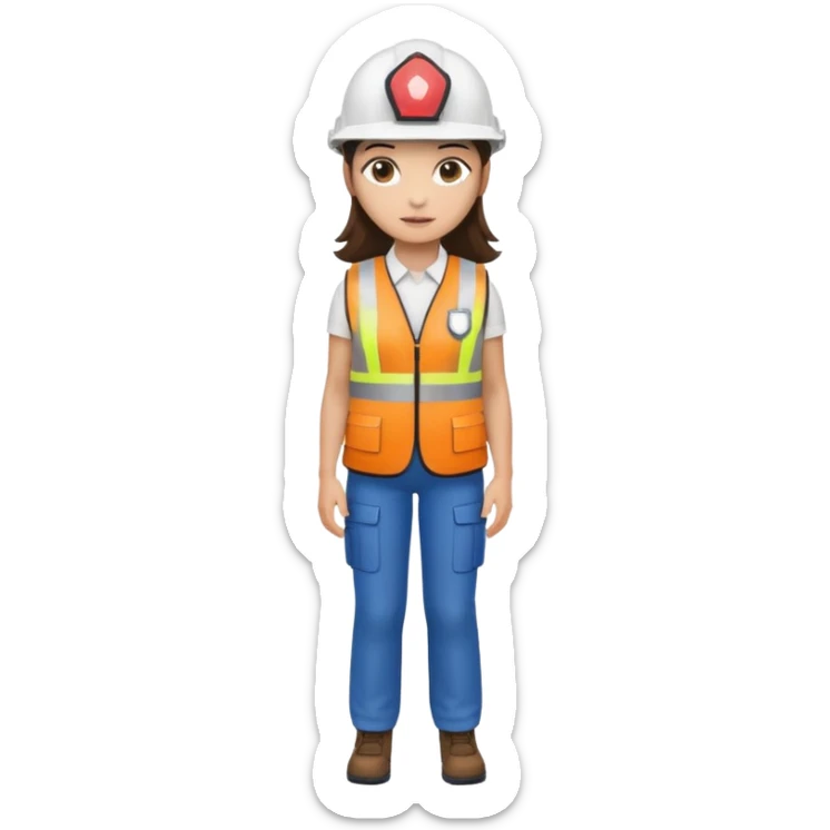 Brunette brown Girl full body standing with her white security helmet and security vest on sticker