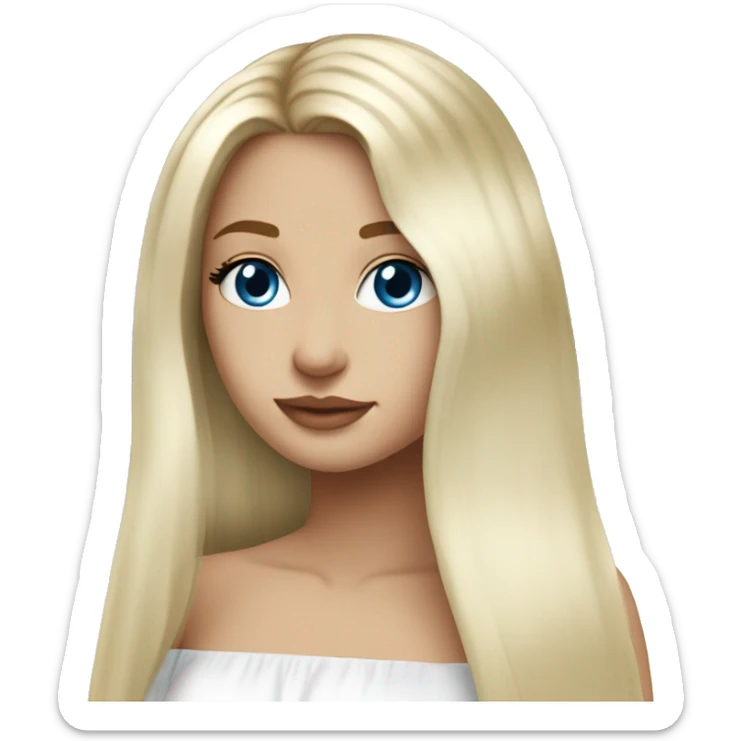 blonde long straight hair girl, ocean blue eyes, white off the shoulder top, sticker
