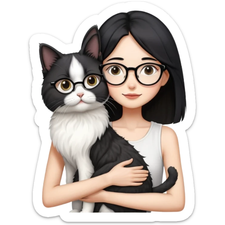 Skinny woman with oval glasses, shoulder length straight black hair, wearing white sleeveless top, hugging a Persian-Angora cat that's gray and white like Oreo cookies, plain background sticker