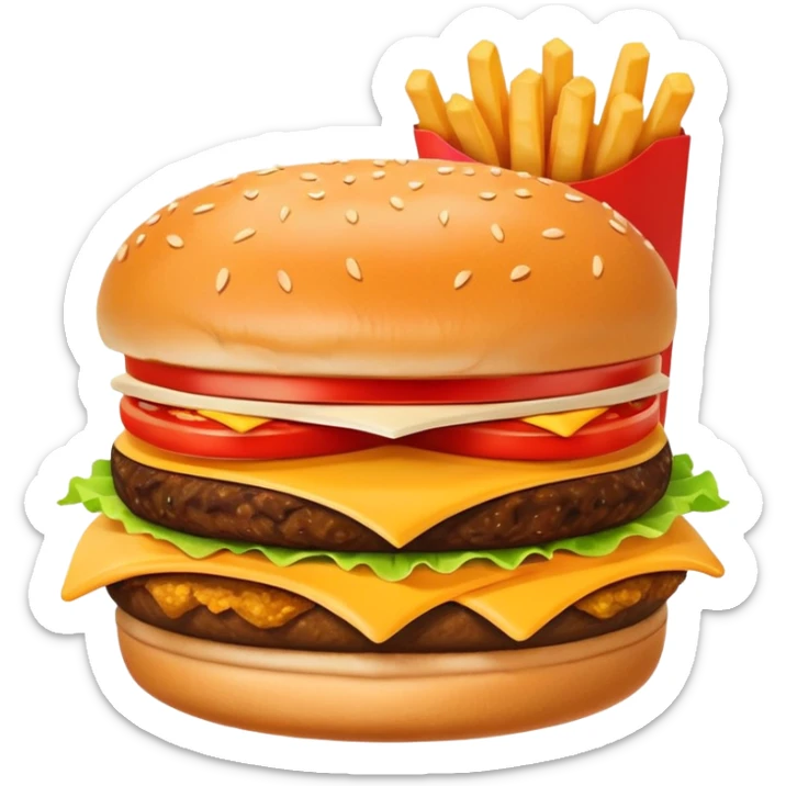 A clean and simple icon of fast food in emoji-style illustration. A burger with fries, nuggets and shawarma, bright and bold colors, simple shapes, flat design, high contrast, inviting and appetizing. sticker