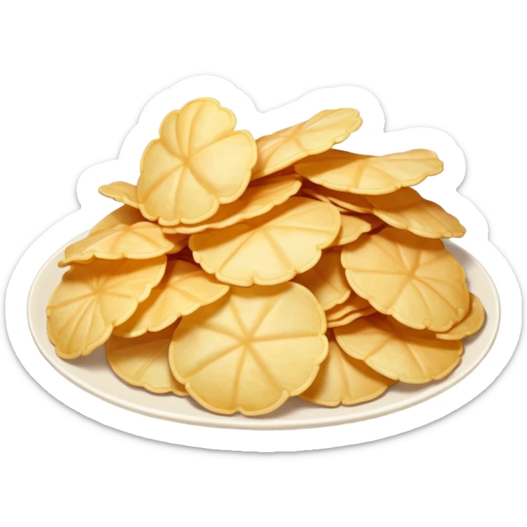 a pile of white prawn crackers shaped like potato chips, airy and puffy, realistic and true to life, emoji style, no faces or expressions sticker
