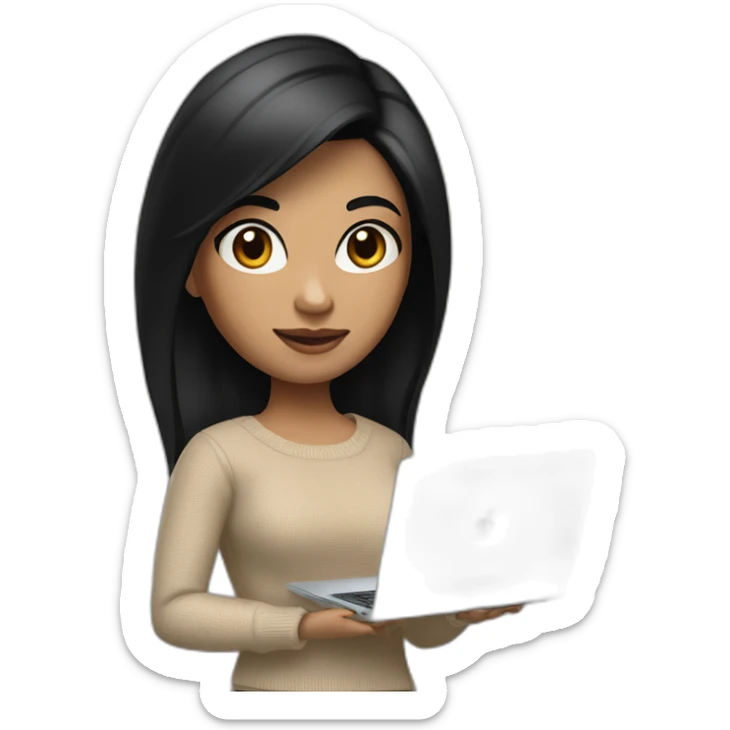 memoji of a female with a modern apple laptop in front, black hair, beige skin, black sweater, computer in hand --ar1:1 sticker