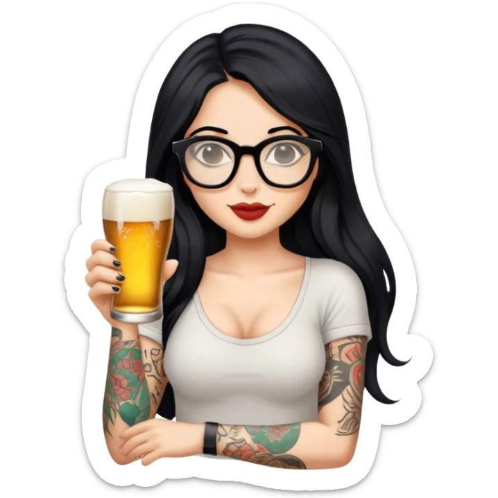 A beautiful woman with long black hair, wearing slippers and glasses, with tattoos on her arm, holding a beer in one hand. sticker
