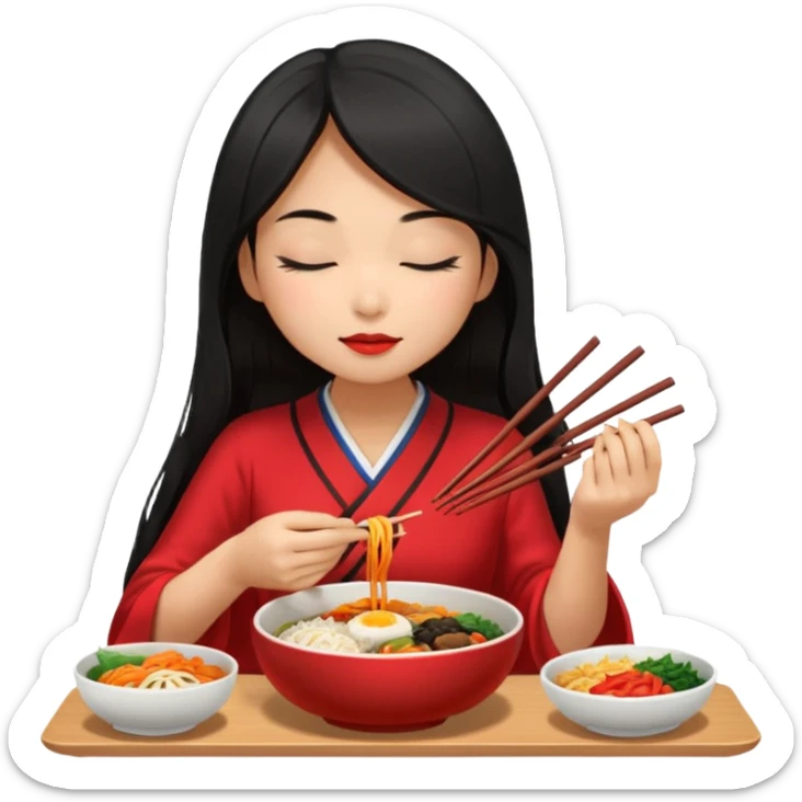 Girl with black long hair with red dress eat bibimbap close eyes chopstick sticker
