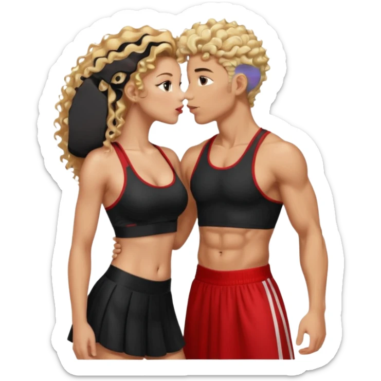 athletic man, high top fade, blonde curly hair only top only, no shirt and Athletic girl with long light red wavy long hair and black sports, Put them together kissing, or holding hands give the girl red hair and a long skirt sticker