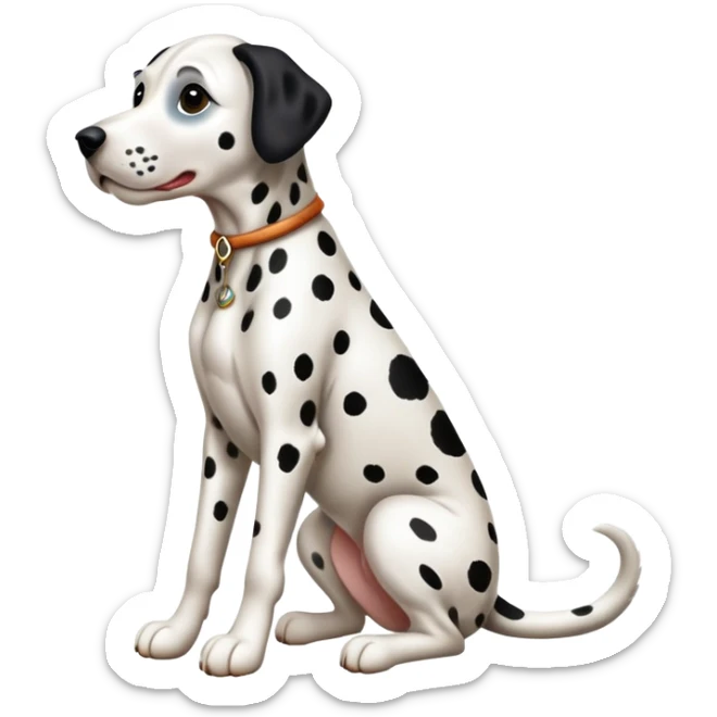 cinematic-[dalmatian dog]-realistic-full-body-sitting-emoji,-tail-resting-loosely-beside-its-paws,-head-tilted-dramatically,-sleek-[spotted]-fur,-simplified-yet-realistic-focused-features,-highly-detailed,-glowing-with-an-almost-sarcastic-glow sticker